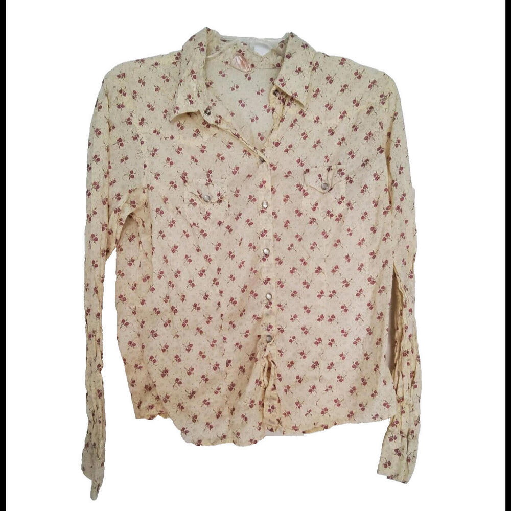 Aeropostle Ladies Shirt Long Sleeve Blouse Yellow Mauve Roses Button Down L